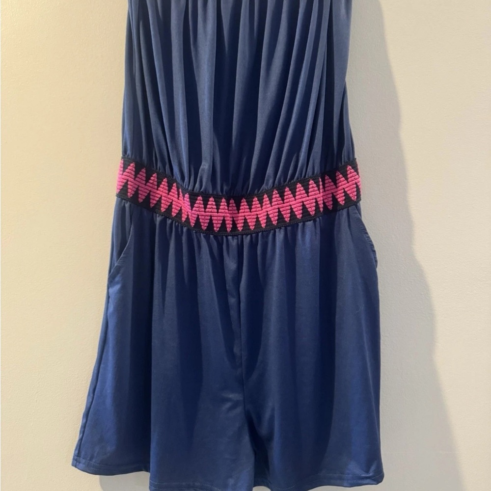 Blue Romper with Pink Accents and Pockets